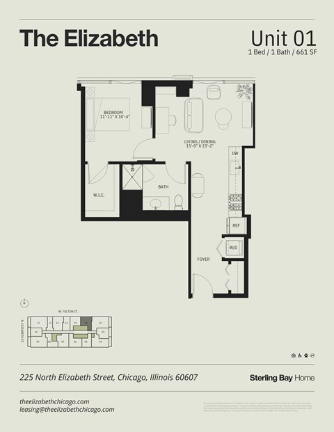 Floor plan for 1 bed, 1 bath, 661 sqft